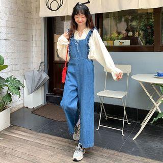 Ruffled Strap Wide Leg Jeans Blue - One Size
