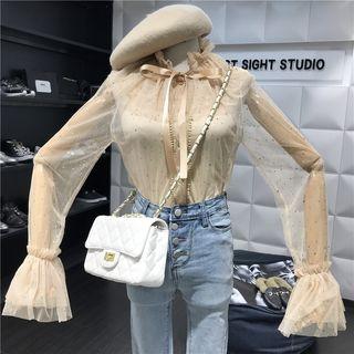 Set: Sequined Mesh Long-sleeve Top + Plain Camisole Top