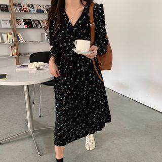 Floral V-neck Midi A-line Dress Black - One Size