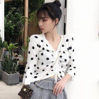 Elbow-sleeve Polka Dot Knit Top