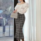 Ruffle One-shoulder Blouse / Plaid Midi Pencil Skirt
