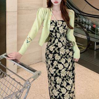 Spaghetti Strap Floral Print Midi Sheath Dress / Embroidered Cardigan