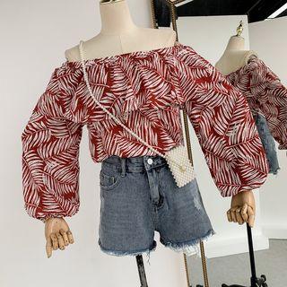 Off-shoulder Ruffle Lantern-sleeve Top Red - One Size