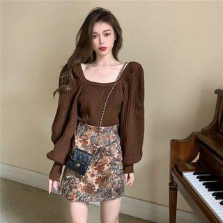 Puff-sleeve Sweater / Flower Print Mini Pencil Skirt / Set