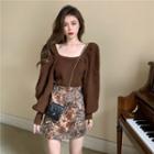 Puff-sleeve Sweater / Flower Print Mini Pencil Skirt / Set