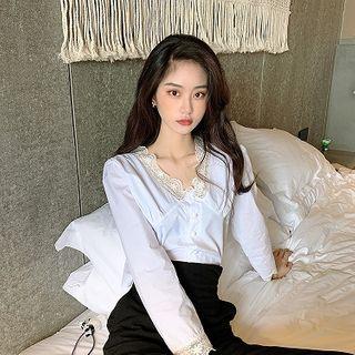 Plain V-neck Lace-trim Long-sleeve Blouse White - One Size