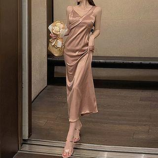 Spaghetti-strap Plain Midi Sheath Dress