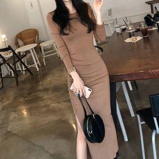 Ruched Midi Knit Sheath Dress