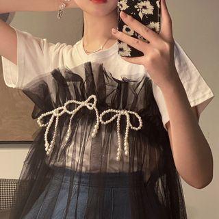 Short-sleeve Mesh Panel T-shirt Black & White - One Size