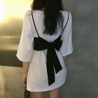 Plain Elbow-sleeve T-shirt/ribbon Accent Camisole