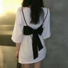 Plain Elbow-sleeve T-shirt/ribbon Accent Camisole