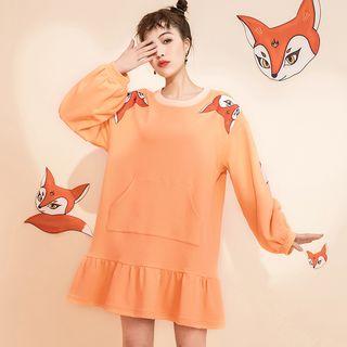 Fox Print Ruffle Hem Long-sleeve Shift Dress