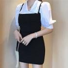 Elbow-sleeve Blouse / Spaghetti Strap Mini A-line Dress