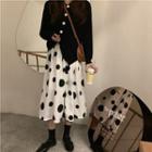 Asymmetric Knit Cardigan / High-waist Polka Dot Pleated Skirt
