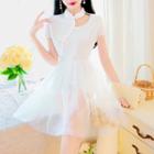 Set: Short-sleeve Mesh-panel A-line Dress + Shorts