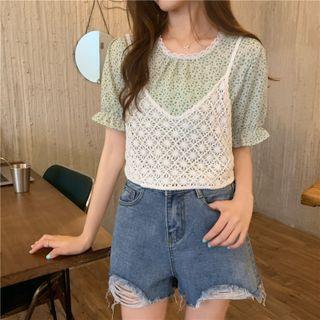 Set: Short-sleeve Floral Print Blouse + Lace Camisole Top