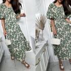 Bubble-sleeve Long Foliage Dress Green - One Size