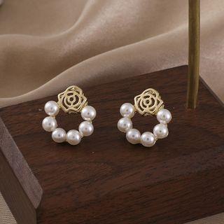 Faux Pearl Rose Ear Stud 1 Pair - Stud Earrings - One Size