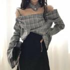 Set: Plaid Off-shoulder Blouse + Choker Blouse & Choker - Plaid - Black - One Size