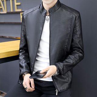 Faux Leather Mock Neck Zip Jacket