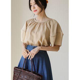 Pintuck Puff-sleeve Shirred Top