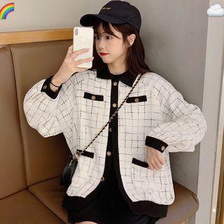 Long-sleeve Plaid Buttoned Jacket White - One Size