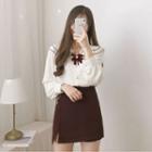 Bow Accent Blouse / Mini A-line Skirt