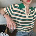 Short-sleeve V-neck Striped Knit Top Stripe - Green - One Size