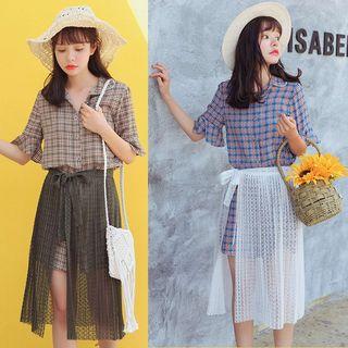 Set: Plaid Shirtdress + Mesh Skirt