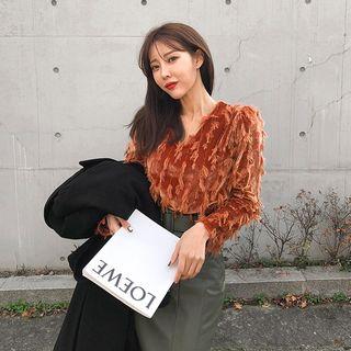 V-neck Fringed Velvet Top