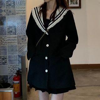 Buttoned Sailor Collar Lace Trim Jacket As Shown In Figure - One Size