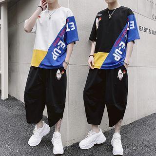Set: Elbow-sleeve Color Block Letter T-shirt + Cropped Pants