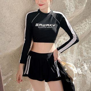 Set: Long-sleeve Lettering Crop Swim Top + Swim Skirt