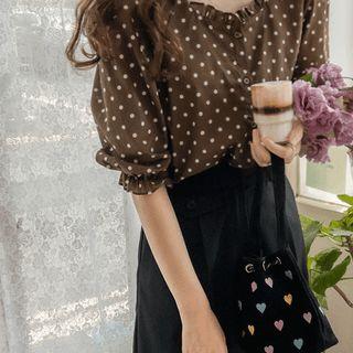Balloon-sleeve Frill Trim Dotted Blouse