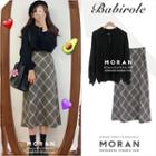 Collared Sweater / Patterned High-waist Midi A-line Skirt / Set