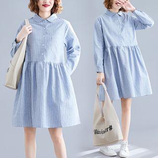Long-sleeve Checker Buttoned Dress