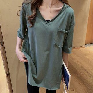 Pocket Detail V-neck Elbow-sleeve T-shirt