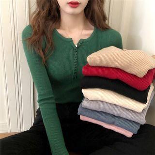 Long-sleeve Plain Button-up Slim-fit Top