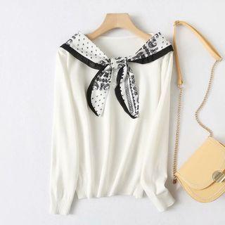 Print Panel Tie-neck Knit Top