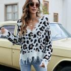 Off-shoulder Distressed Leopard Print Sweater