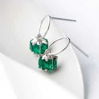 925 Sterling Silver Cubic Rhinestone Earring 1 Pair - Green & Silver - One Size