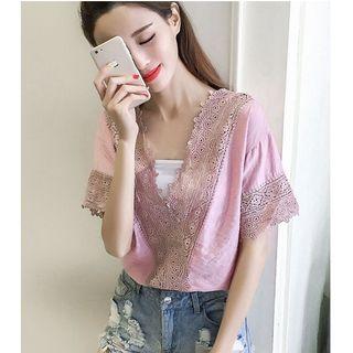 Lace Elbow Sleeve Chiffon Top