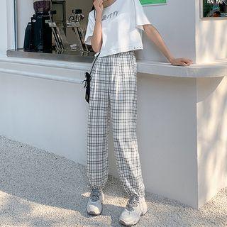 Gingham Elastic Waist Straight Leg Pants