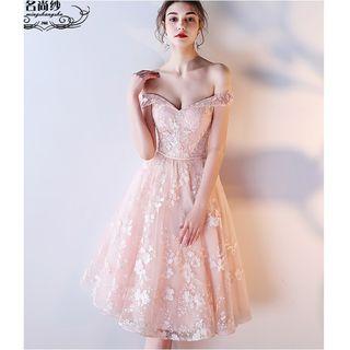 Off-shoulder Short-sleeve Mesh Cocktail Dress
