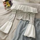 Boatneck Ruffled-trim Striped Crop Top White - One Size