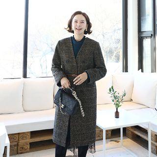 Collarless Double-breasted Plaid Coat