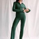 Long-sleeve Button-up Knit Straight Leg Jumpsuit