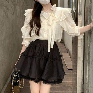 3/4-sleeve Ruffled Blouse / Mini A-line Skirt