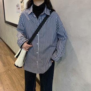 Inset Pinstripe Long-sleeve Shirt Dark Blue - One Size