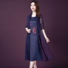 Mock Two-piece Elbow-sleeve Embroidered Midi Dress